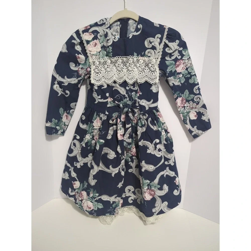 VTG 80's McClintock girls Dress Lace floral Peasant Prairie Cottagecore 8 blue